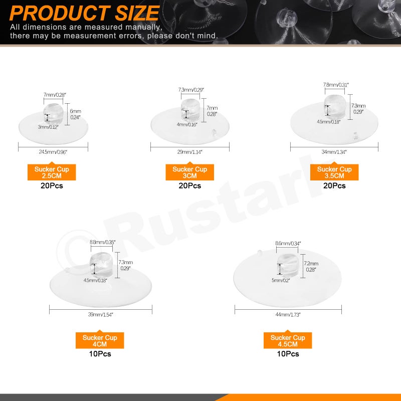 روستارك مجموعة أكواب شفط مطاطية شفافة من Rustark، 80 قطعة، 5 أحجام، وسادات شفط شفافة مضادة للصدمات مع فتحة، بأحجام 25 مم، 30 مم، 35 مم، 40 مم، 45 مم، أكواب شفط صغيرة بديلة لتزيين المنزل والحمام والمطبخ - Image 2